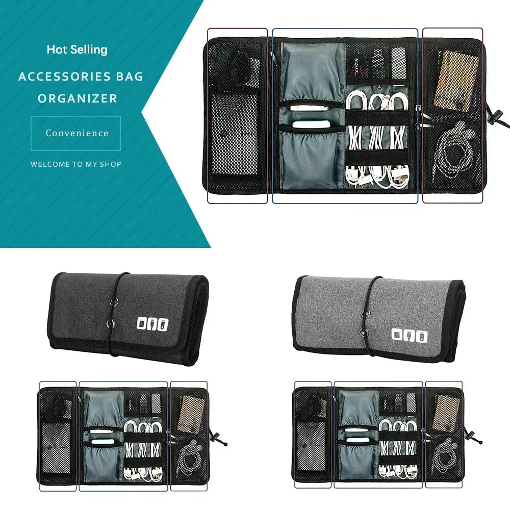 Travel Electronics Organizer Bag with Roll-Up Cable Pouch