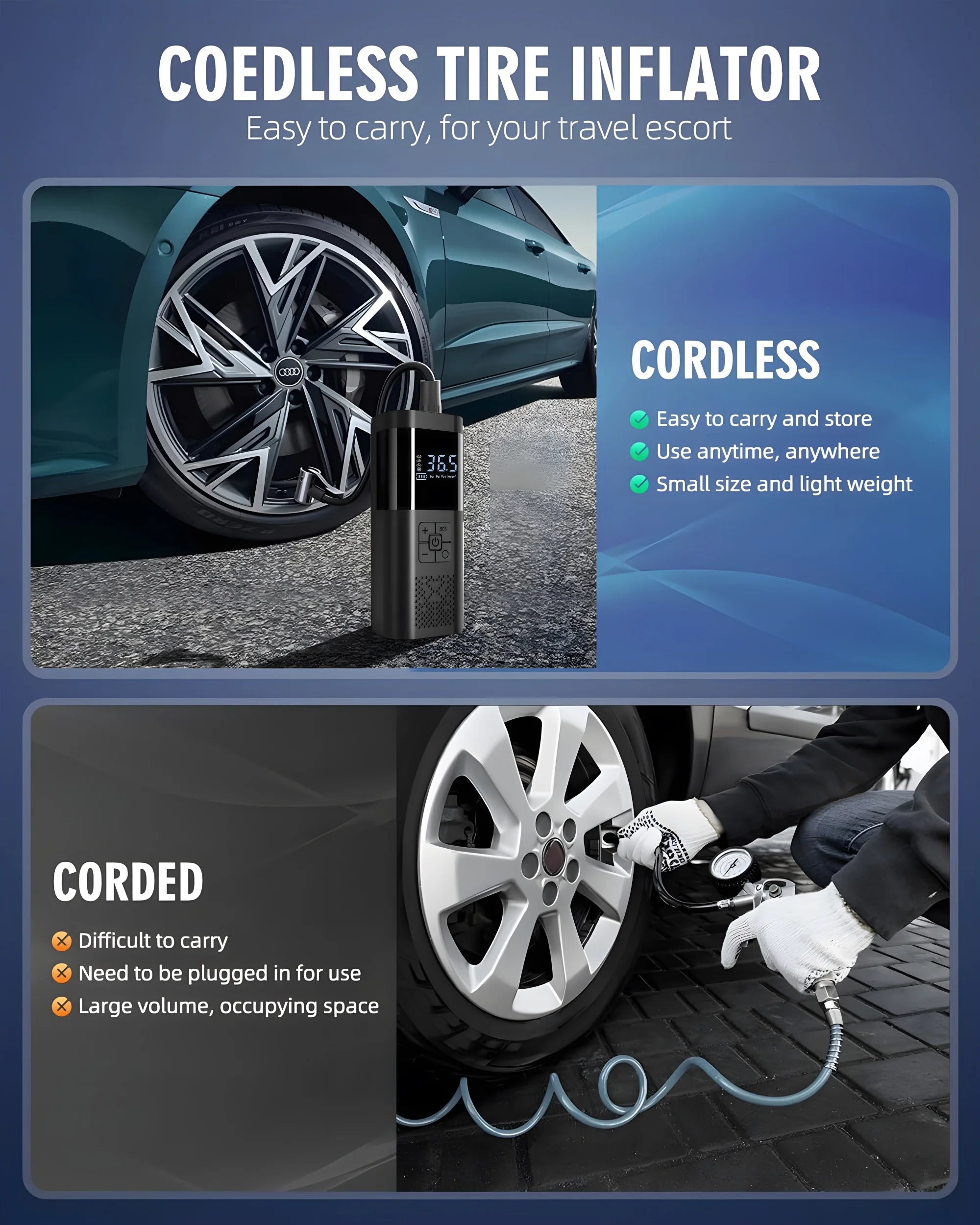 STSCELZ Cordless Tire Inflator – 150 PSI, 3X Faster, Digital Gauge & LED Light