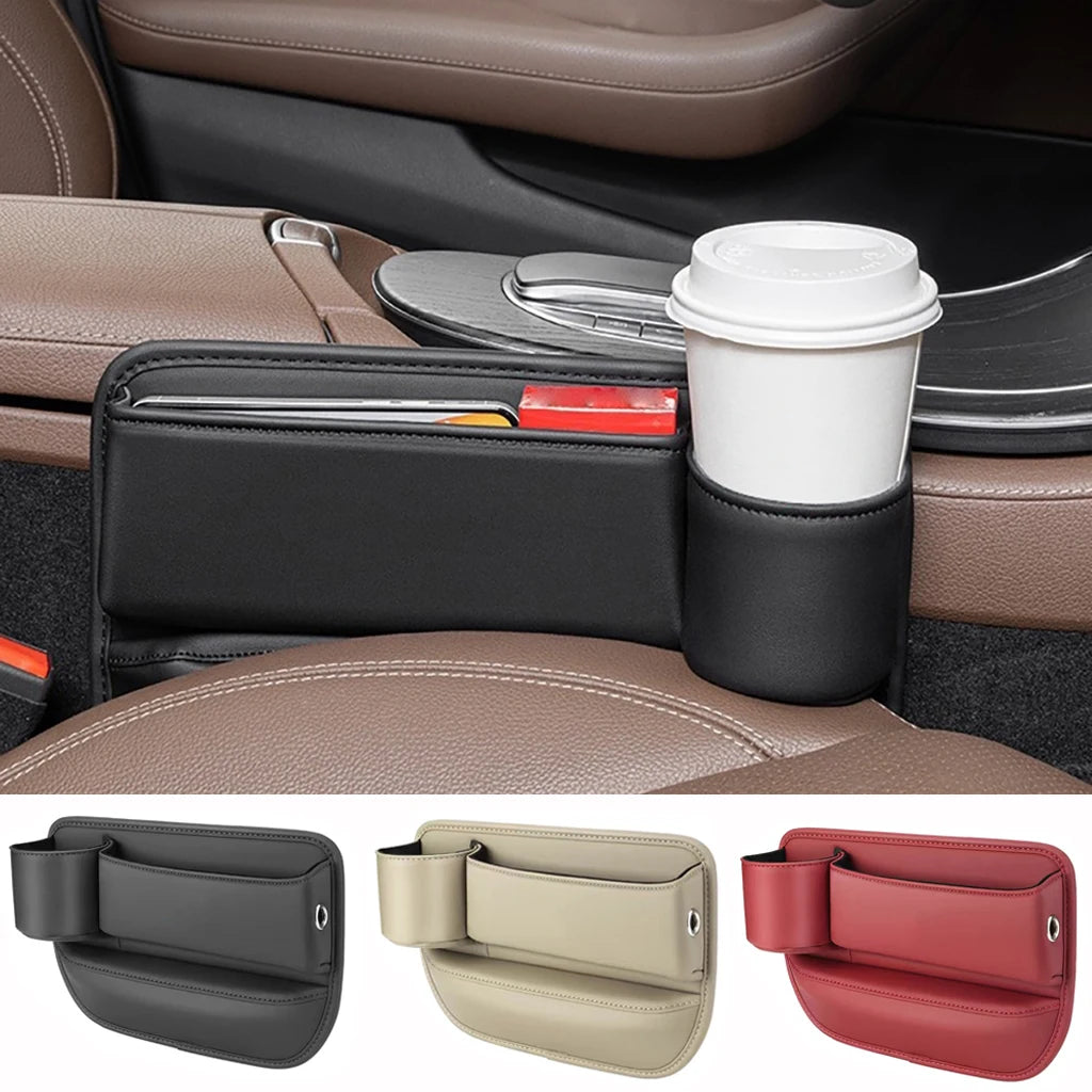 PU Leather Car Console Crevice Storage Box – Seat Gap Organizer with Cup Holder
