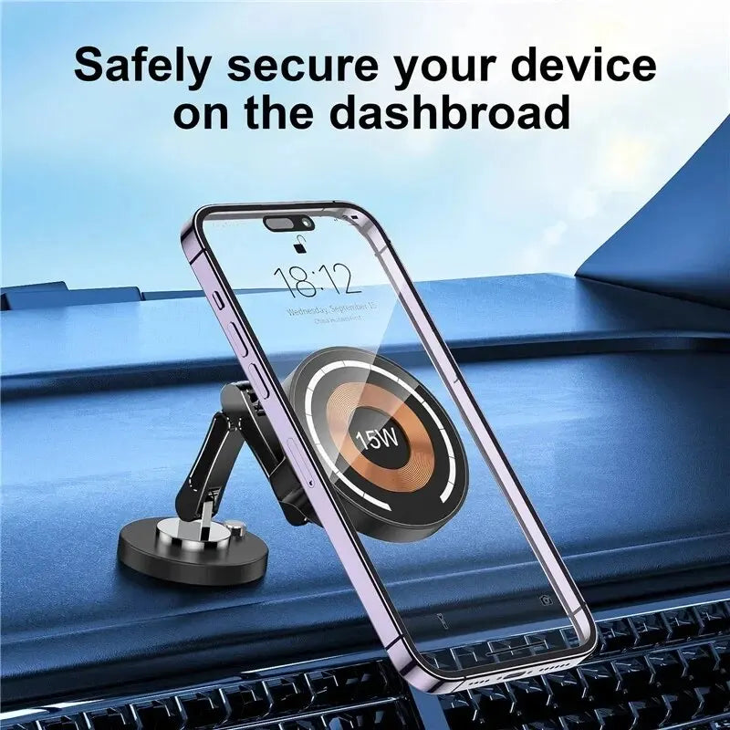 Magnetic Car Phone Mount – 15W Wireless Charging, Compatible with iPhone 12–15