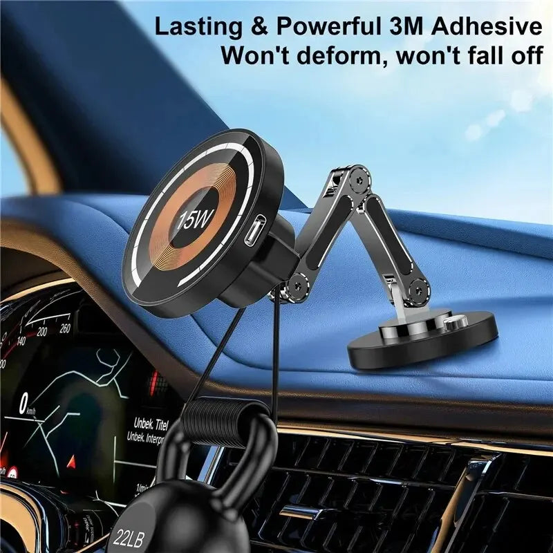 Magnetic Car Phone Mount – 15W Wireless Charging, Compatible with iPhone 12–15