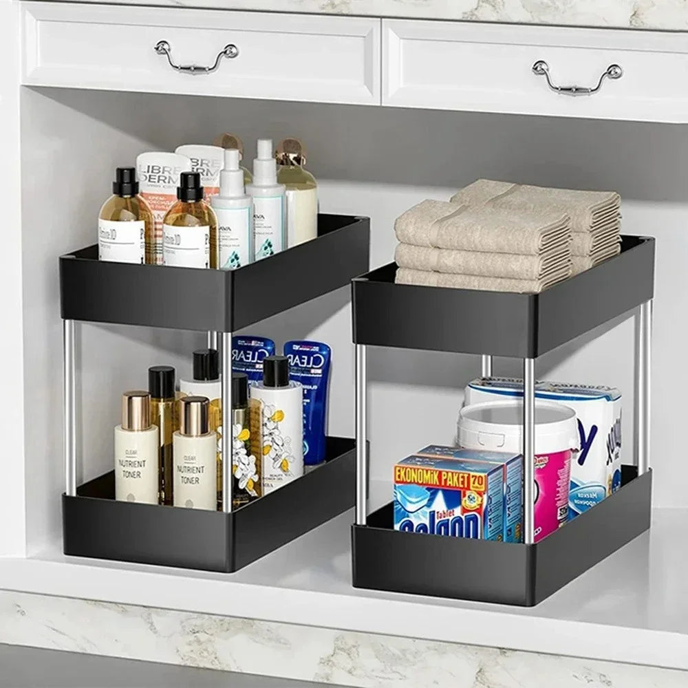 2-Tier Under-Sink Storage Rack with Hooks – Multipurpose Cabinet Organizer for Kitchen & Bathroom