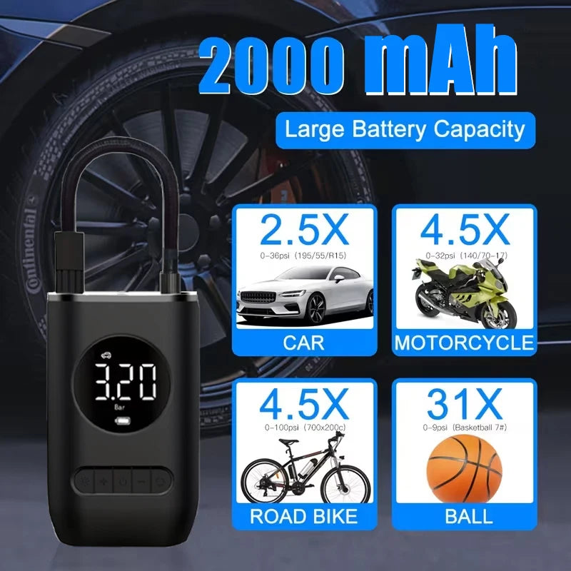 Wireless Tire Inflator – Lithium Battery Air Pump with LED Light & USB Charging Port