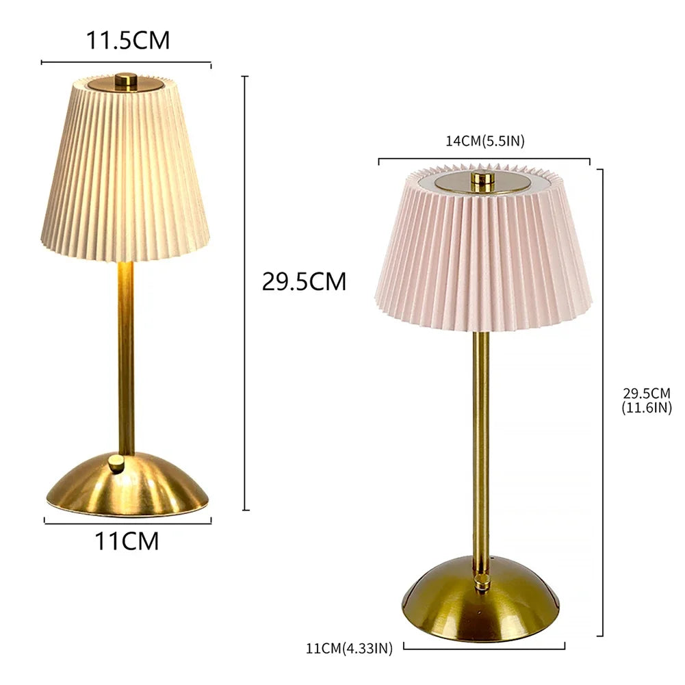 Cordless Metal Table Lamp with Pleated Shade – Touch Dimming, Rechargeable
