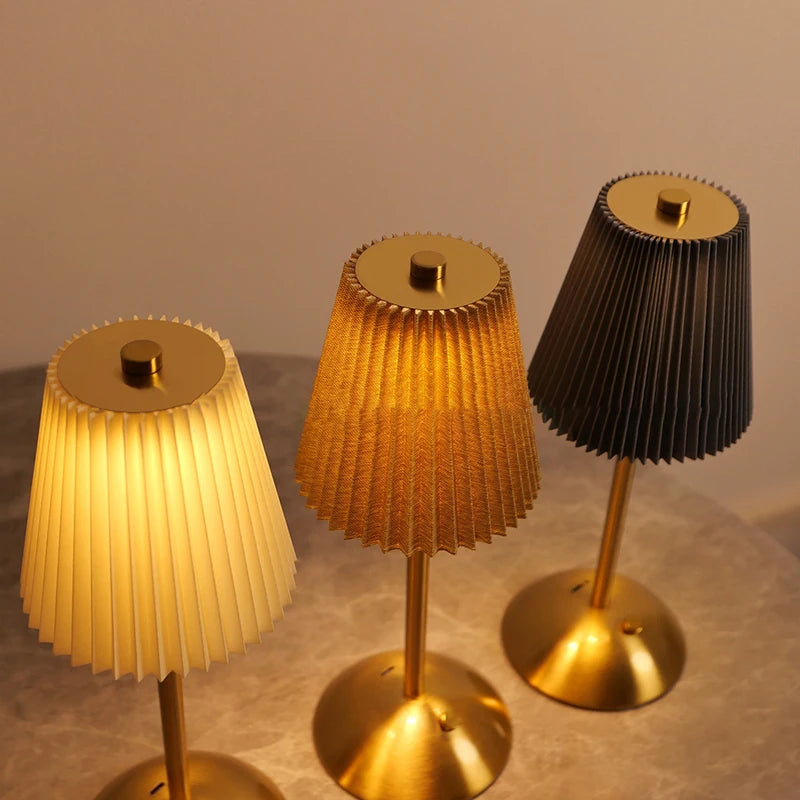 Small Pleated Fabric Shade Cordless Table Lamp – Touch Control, USB Rechargeable