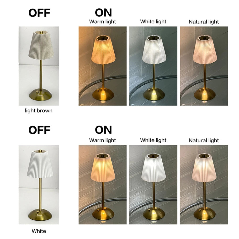 Cordless Metal Table Lamp with Pleated Shade – Touch Dimming, Rechargeable