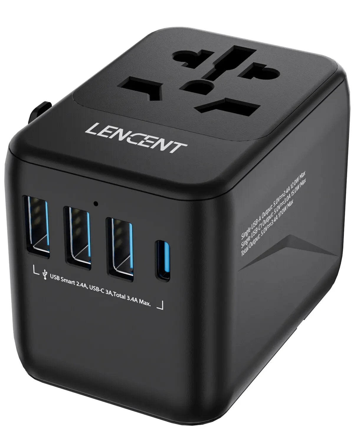 LENCENT Universal Travel Adapter – 3 USB + USB-C PD, All-in-One EU/UK/USA/AUS Plug