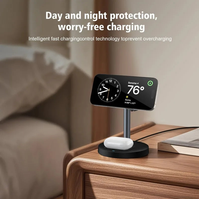 3-in-1 Magnetic Wireless Charger Stand – Adjustable, 15W, iPhone, Apple Watch & AirPods