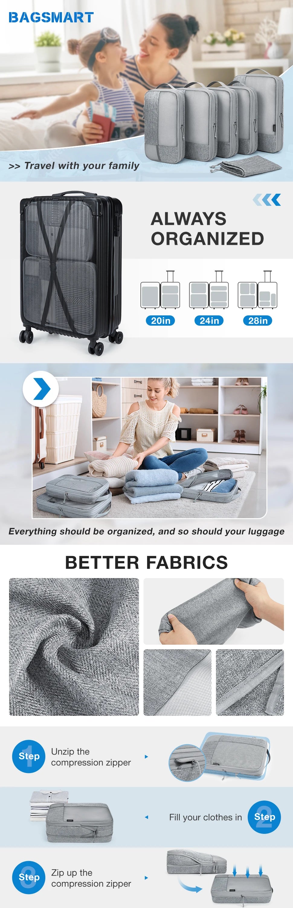 BAGSMART 6-Piece Compression Packing Cubes Set – Expandable Travel Luggage Organizer with Shoe Bag