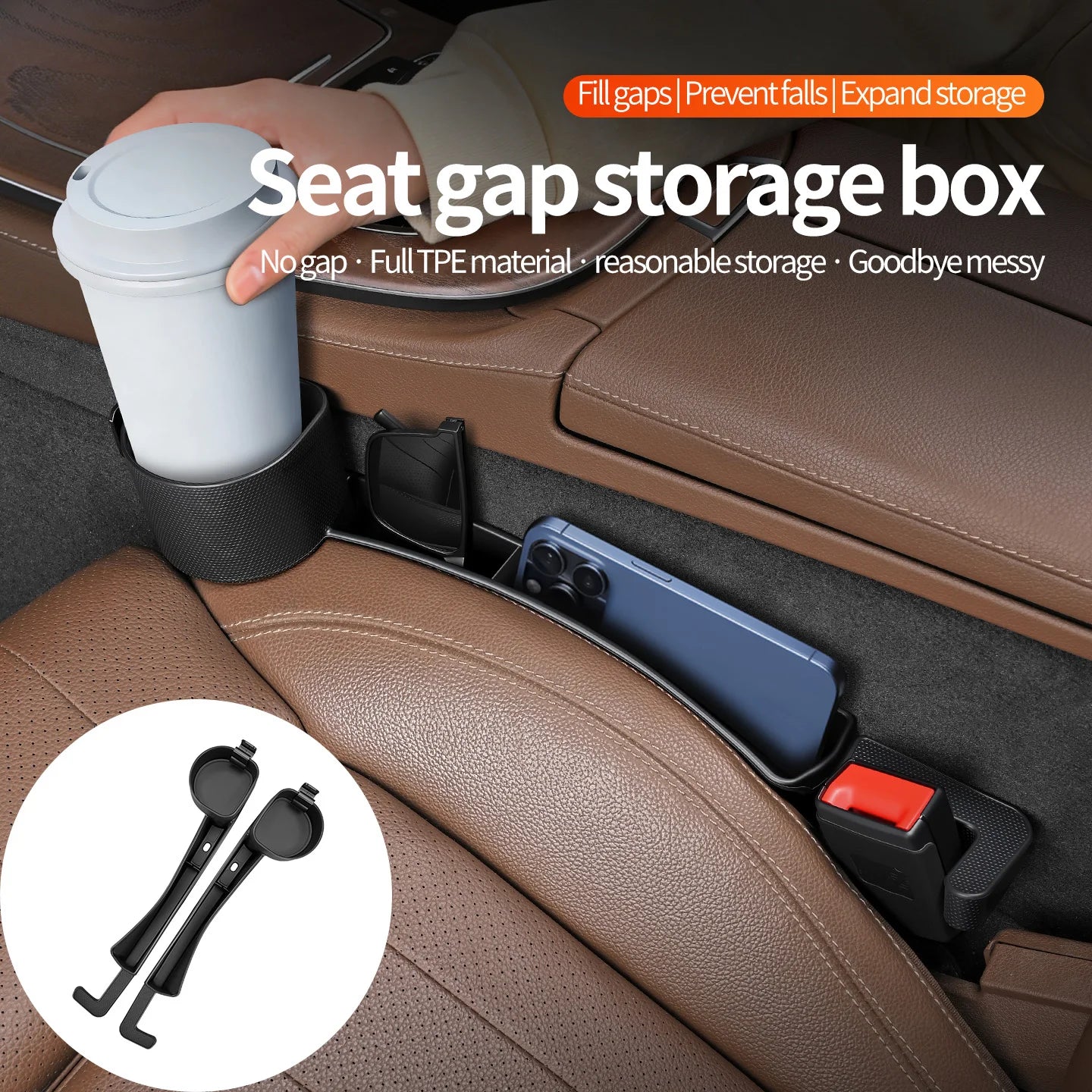 Car Seat Gap Filler Organizer | Cup Holder & Hook | TPE | 2-Pack