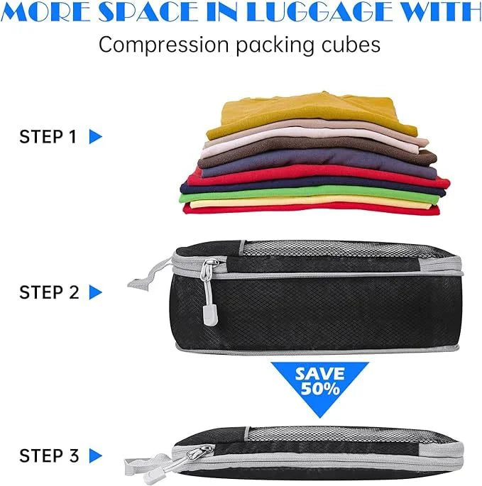 Mesh Compression Packing Cube Set – Expandable Travel Luggage Organizers for Trips