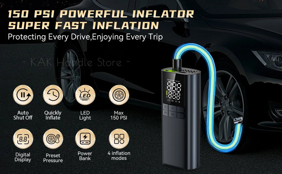 Portable Tire Inflator – 150 PSI Air Compressor with 8000mAh Battery & Auto Shutoff