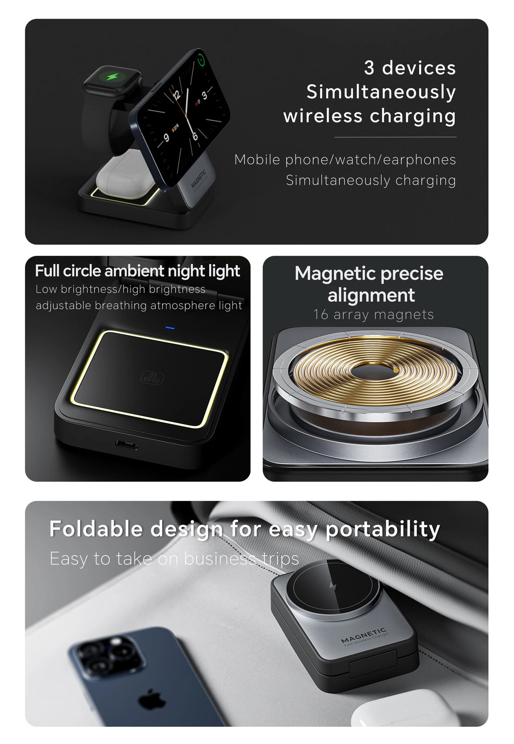 Foldable 3-in-1 Travel Wireless Charging Stand for iPhone & Apple Watch