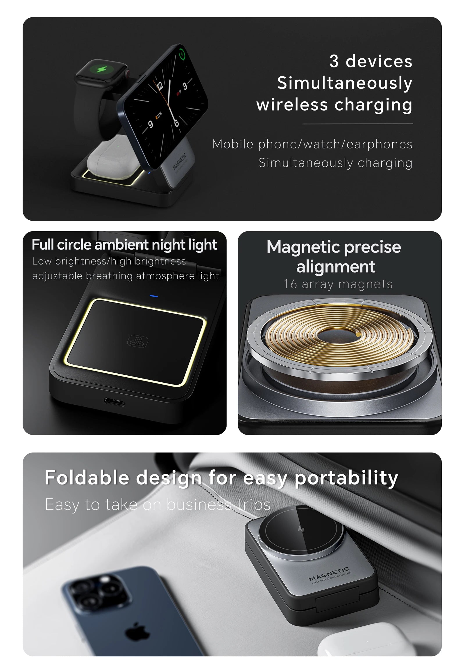 Foldable 3-in-1 Travel Wireless Charging Stand for iPhone & Apple Watch