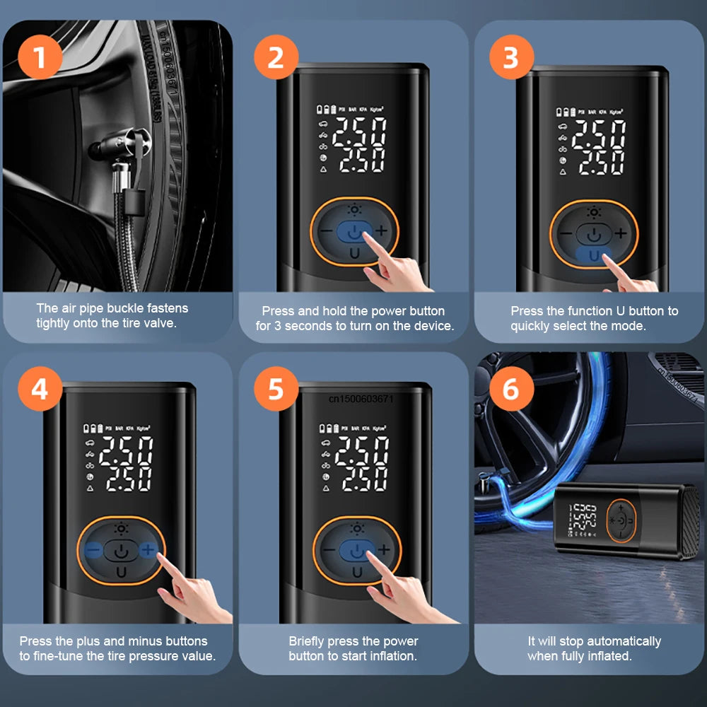 Cordless Tire Inflator – Dual LED Display, 4 Preset Modes, Auto Shut-Off, Fast Inflation
