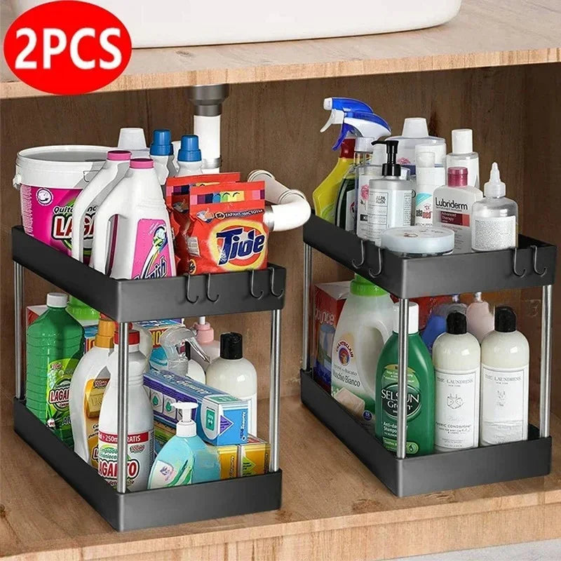 2-Tier Under-Sink Storage Rack with Hooks – Multipurpose Cabinet Organizer for Kitchen & Bathroom