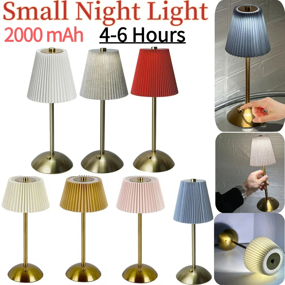 Cordless Metal Table Lamp with Pleated Shade – Touch Dimming, Rechargeable