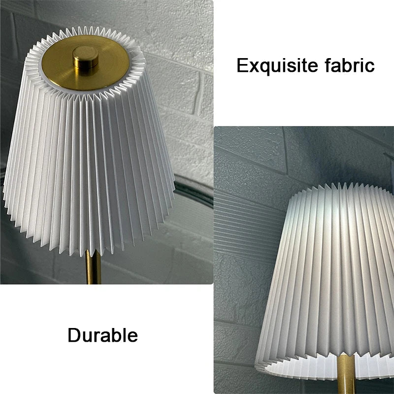 Small Pleated Fabric Shade Cordless Table Lamp – Touch Control, USB Rechargeable