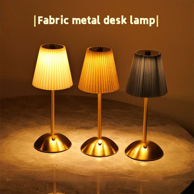 Small Pleated Fabric Shade Cordless Table Lamp – Touch Control, USB Rechargeable