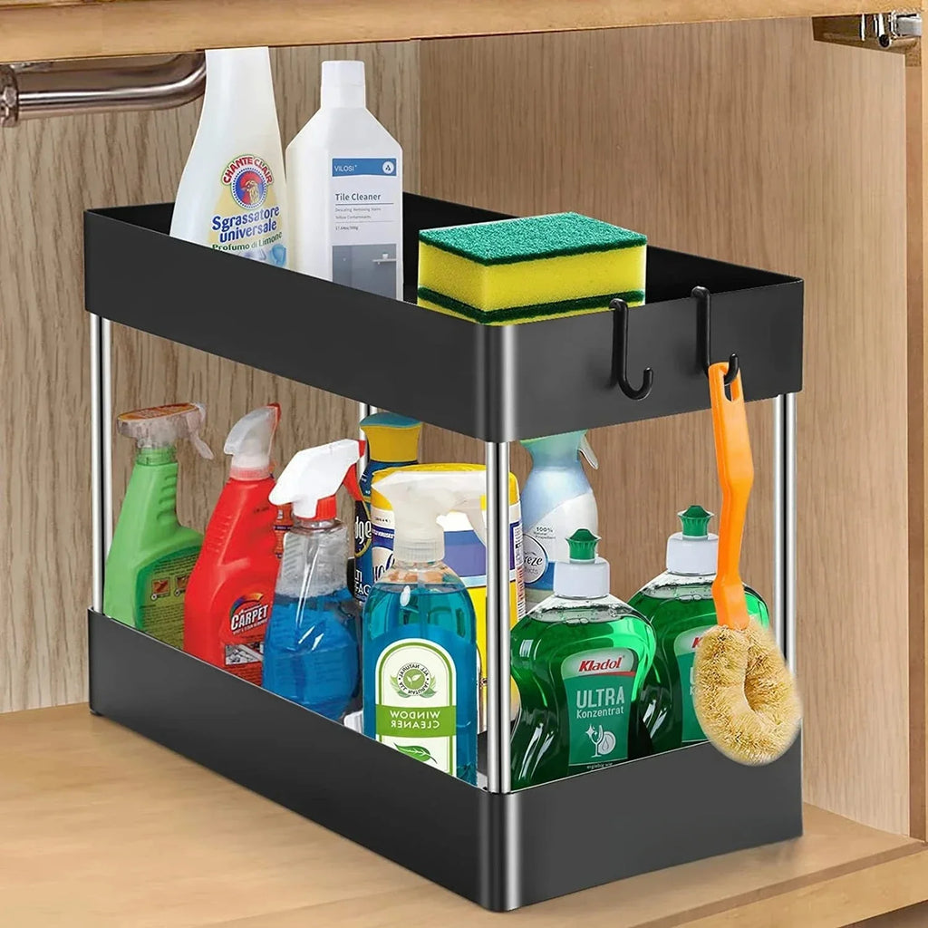 2-Tier Under-Sink Storage Rack with Hooks – Multipurpose Cabinet Organizer for Kitchen & Bathroom